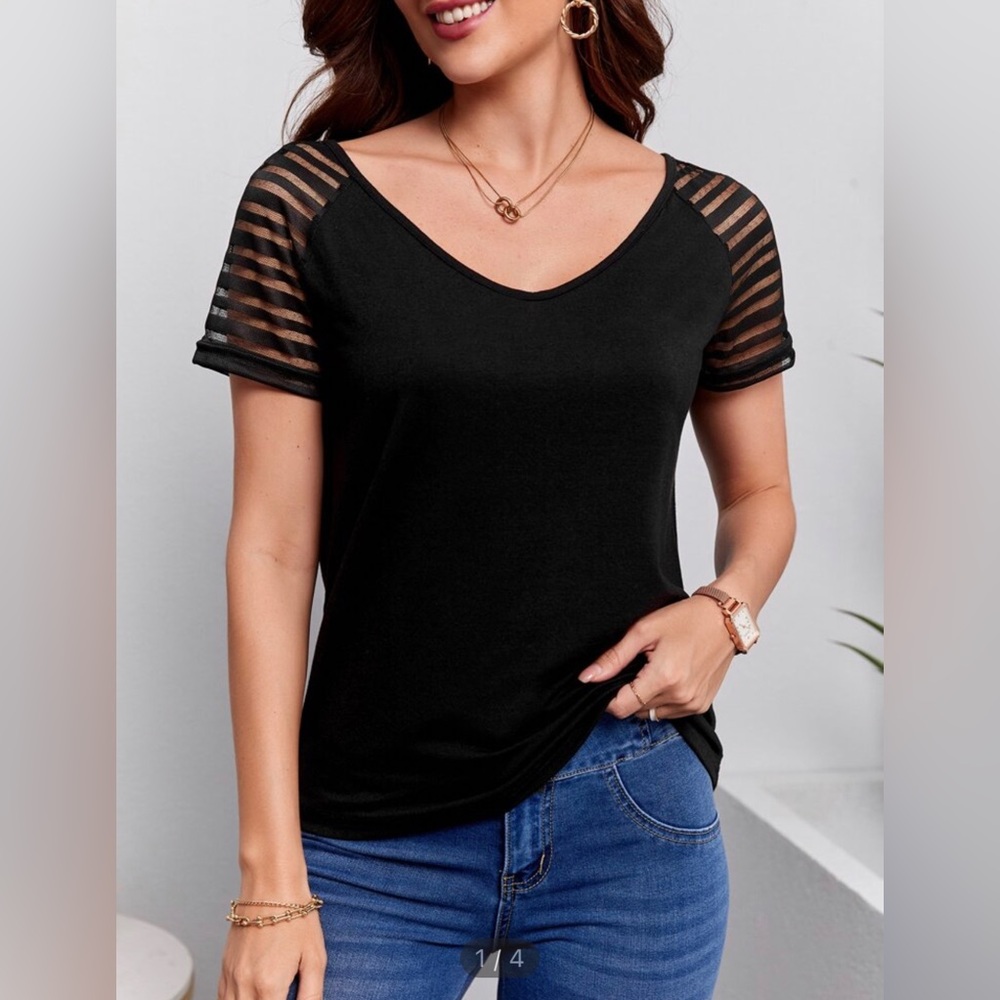Striped Mesh Raglan Sleeve Tee